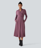 Robe de travail midi col V à manches longues avec poches