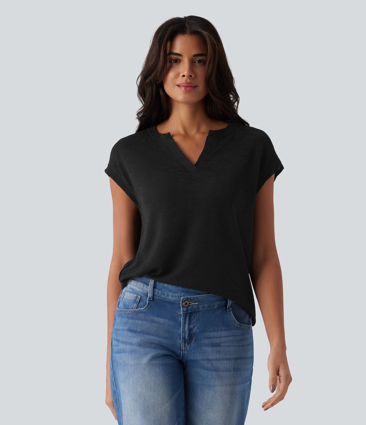 T-shirt décontracté semi-transparent col cranté manches courtes