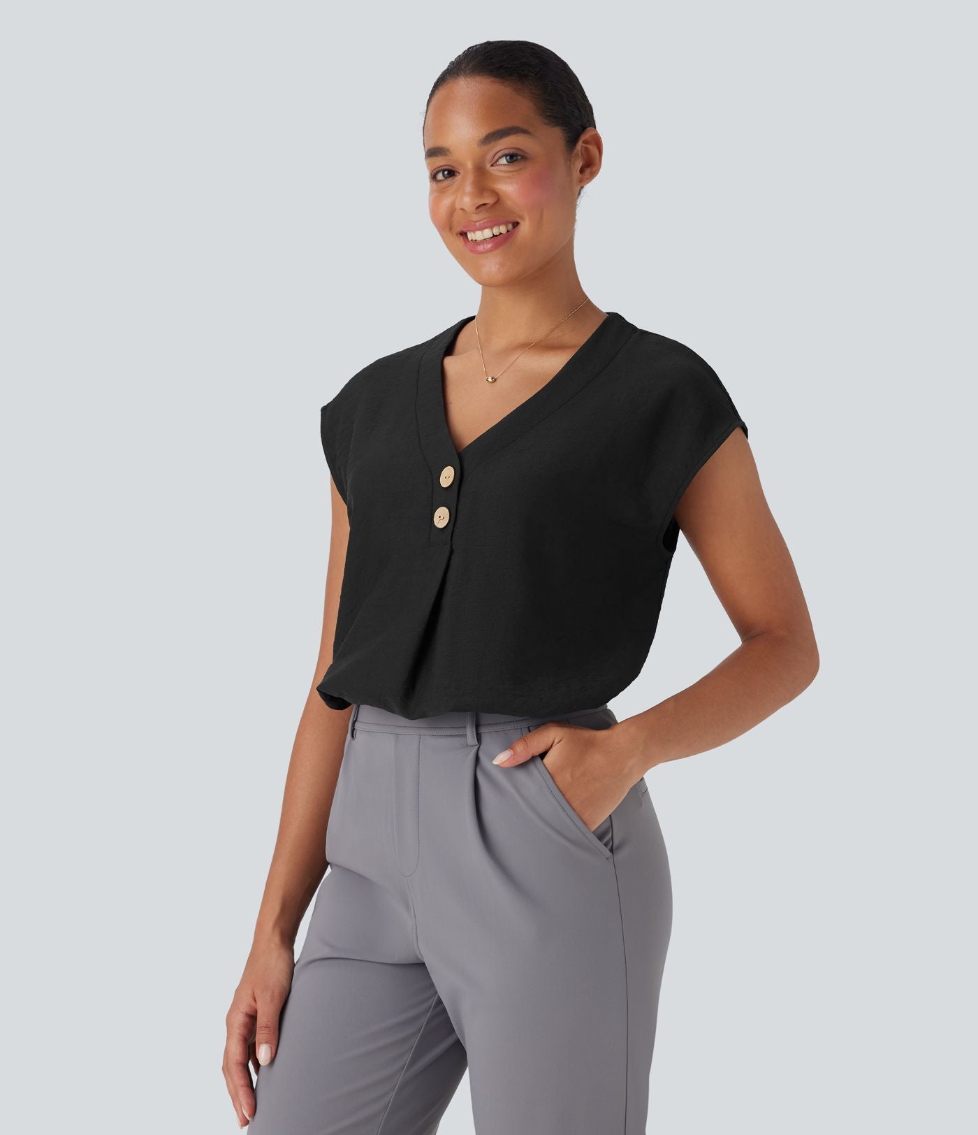 Blouse de Travail Col V Manches Courtes avec Boutons Décoratifs