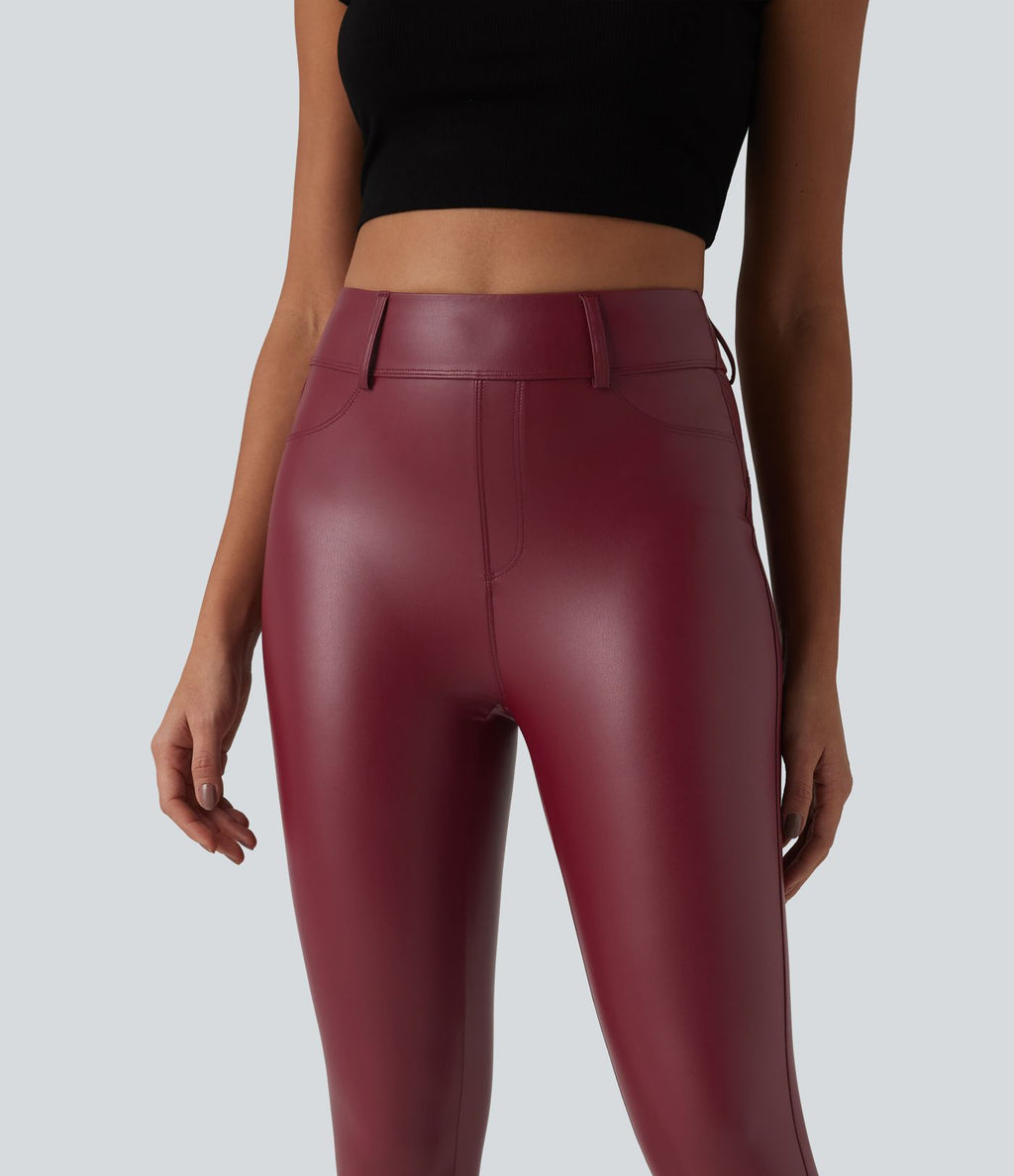 Legging corsaire casual taille haute extensible en simili cuir avec poches