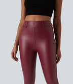 Legging corsaire casual taille haute extensible en simili cuir avec poches