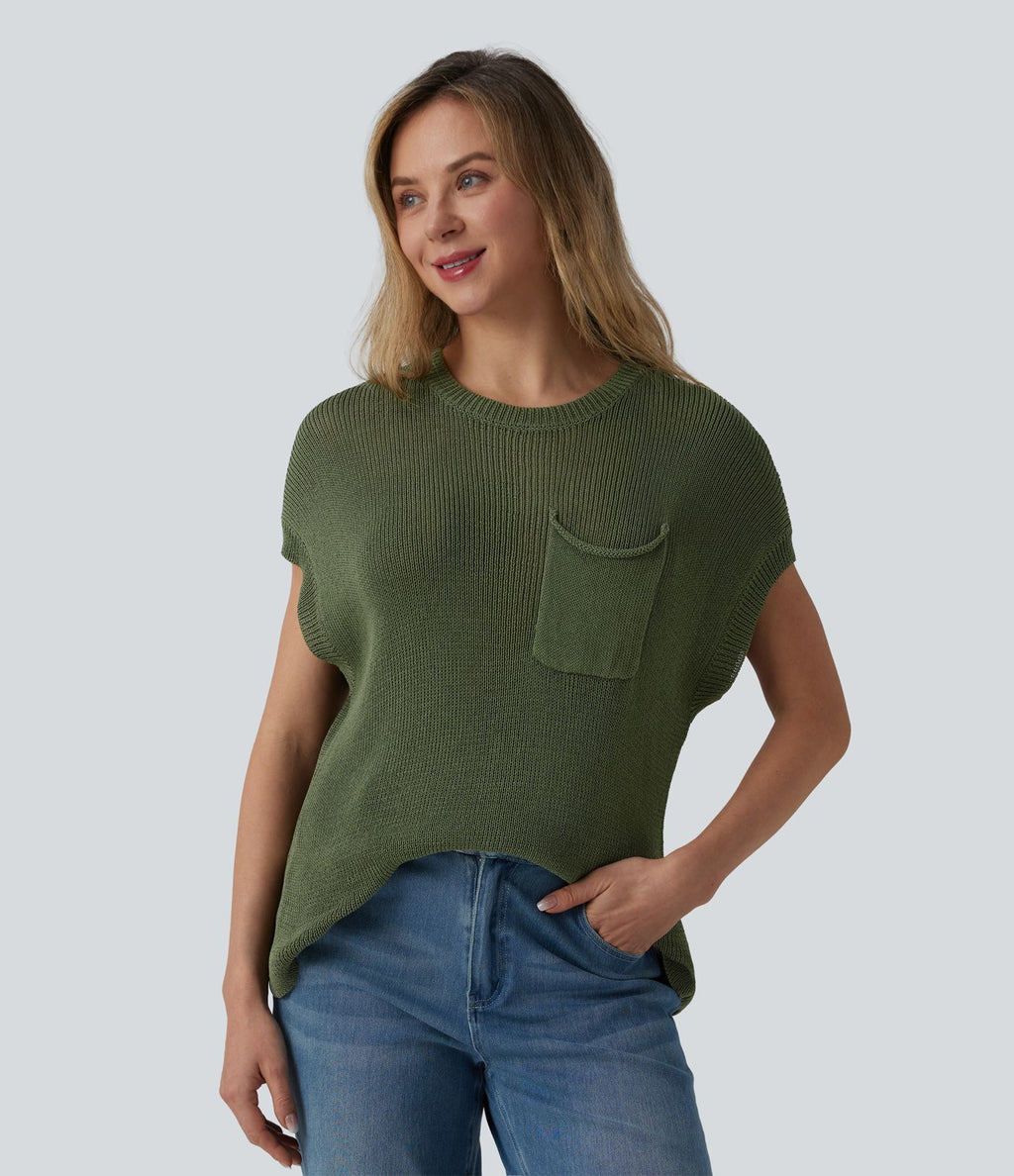 Pull décontracté col rond manches chauve-souris avec poche