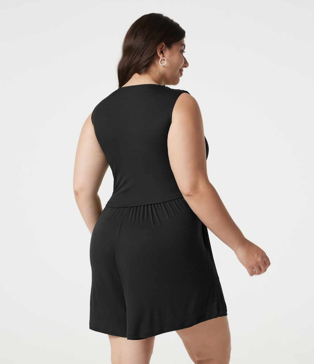 Combishort casual grande taille froncé côtelé sans manches à col V avec brassière intégrée et poches - Édition Easy Peasy