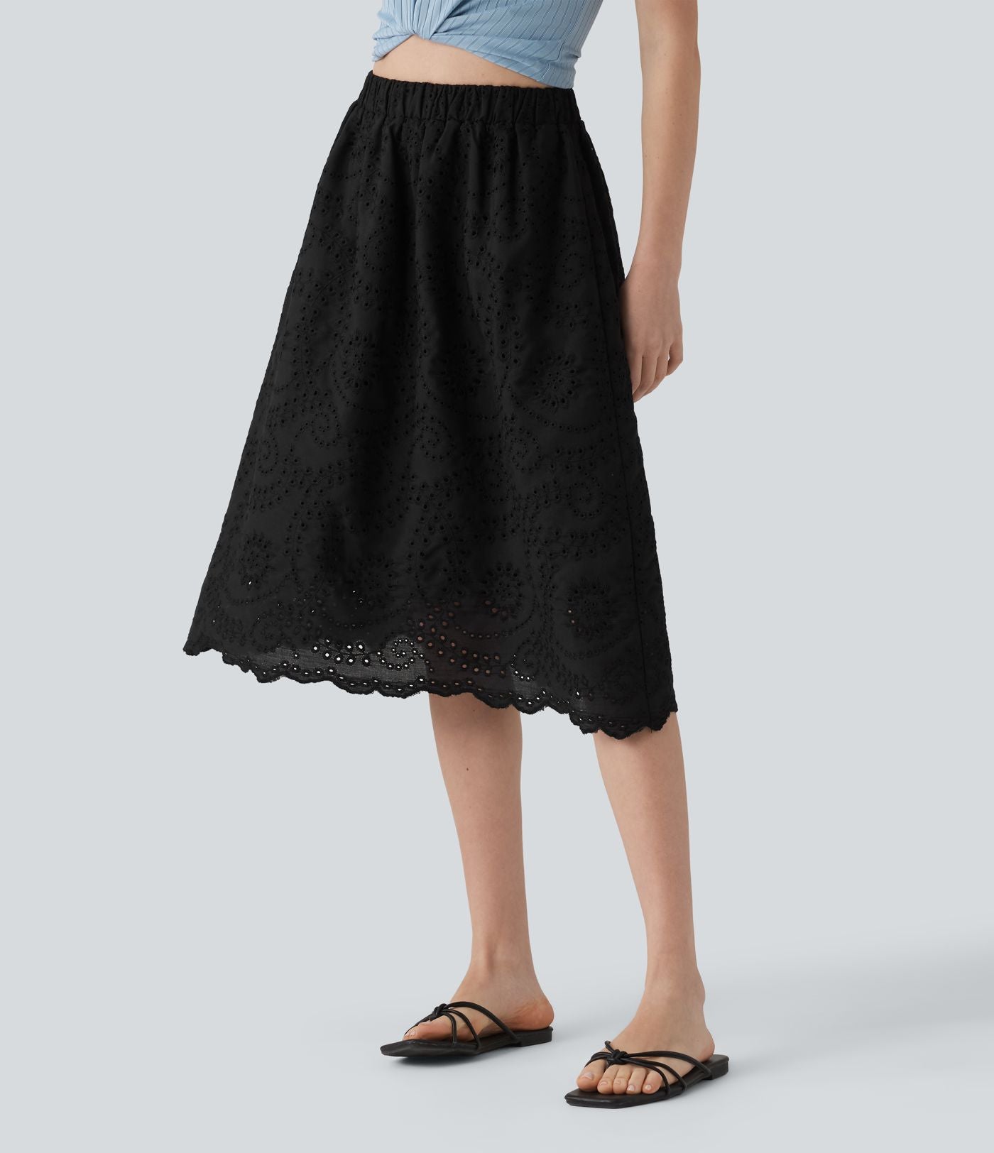 Jupe évasée plage broderie anglaise taille haute