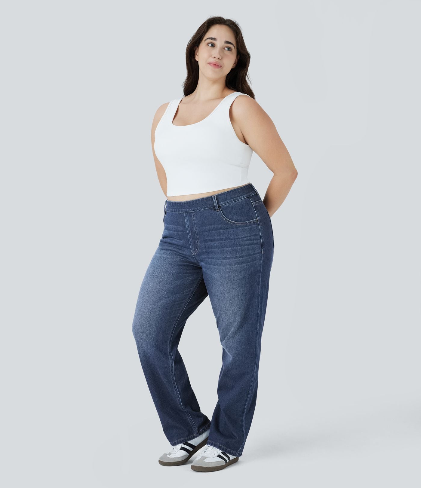 Jean décontracté Halara Flex™ grande taille, taille haute, multiples poches, jambes droites, effet délavé, en maille extensible