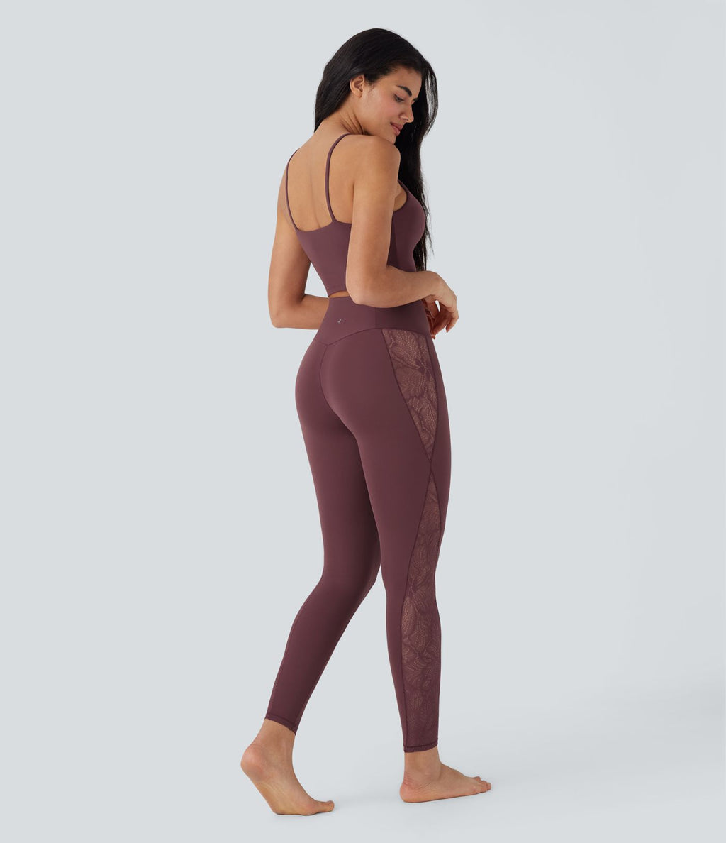 Softlyzero™ Legging Yoga 7/8 Taille Haute avec Poche au Dos Découpe Croisée et Dentelle Contrastante