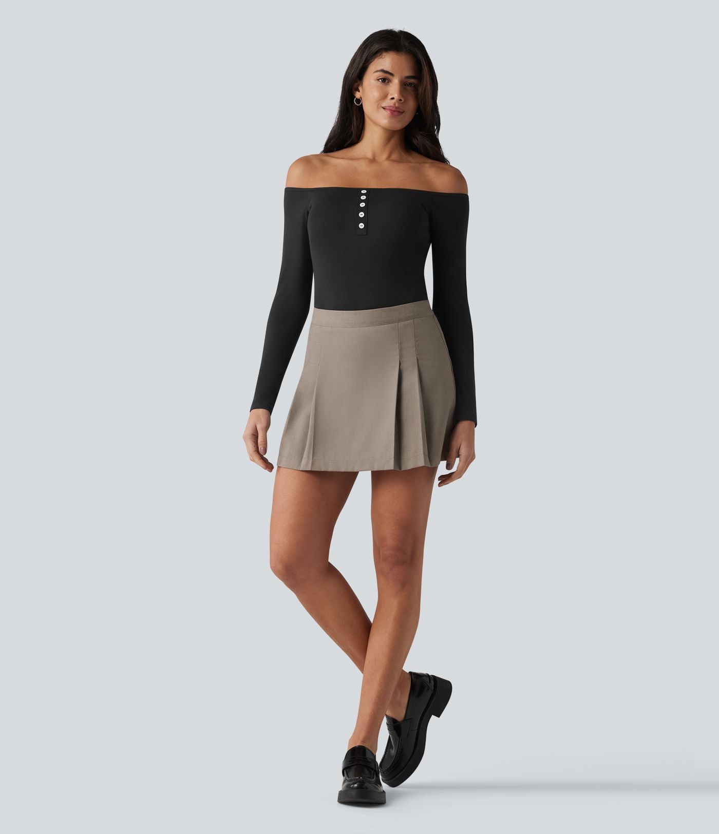 T-shirt casual ultra-ajusté côtelé épaules dénudées à manches longues avec soutien-gorge intégré