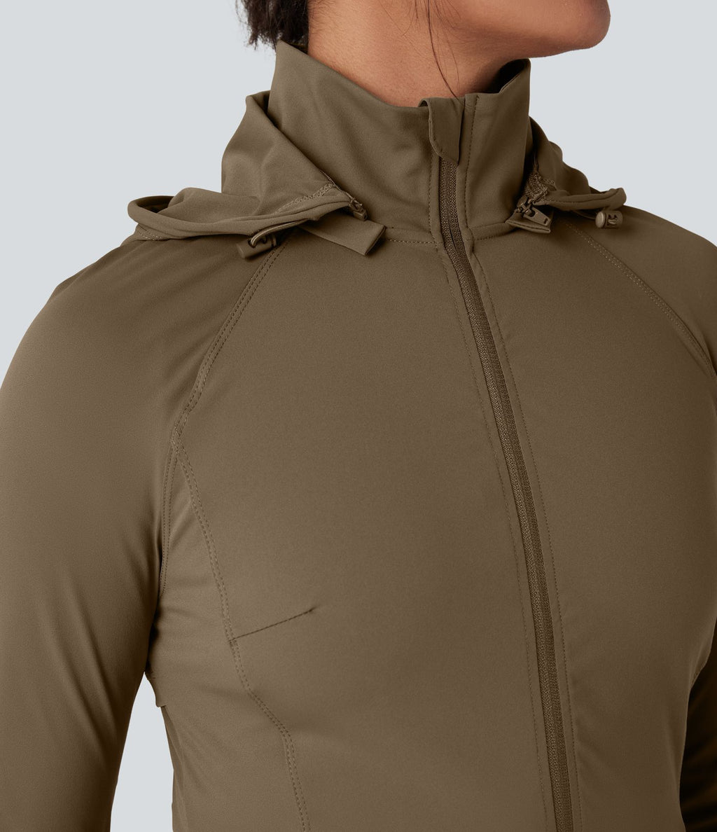 Veste randonnée capuche amovible double zip cordon de serrage avec trous pouces et poches