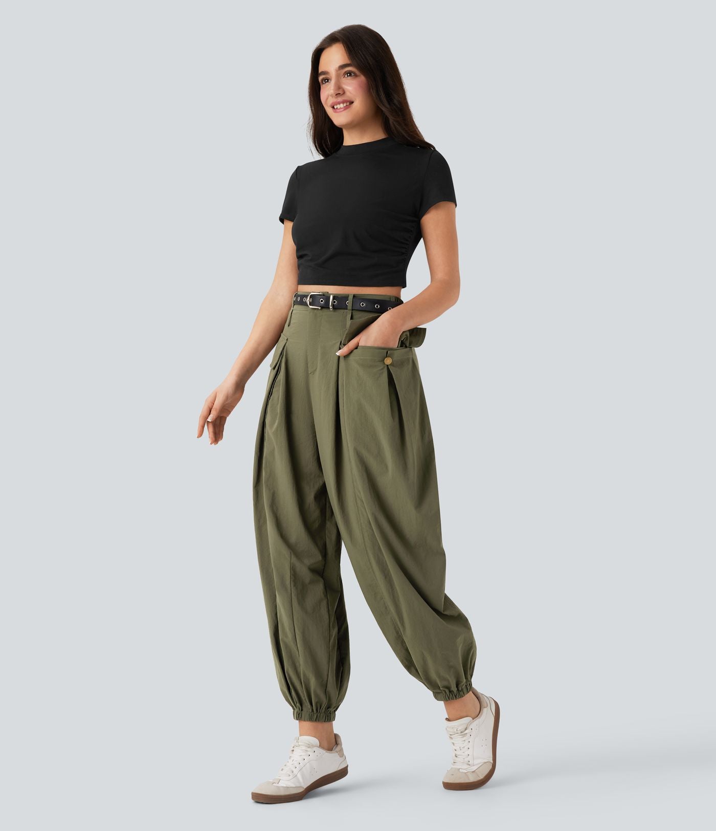 Jogging cargo décontracté taille haute avec poches à rabat