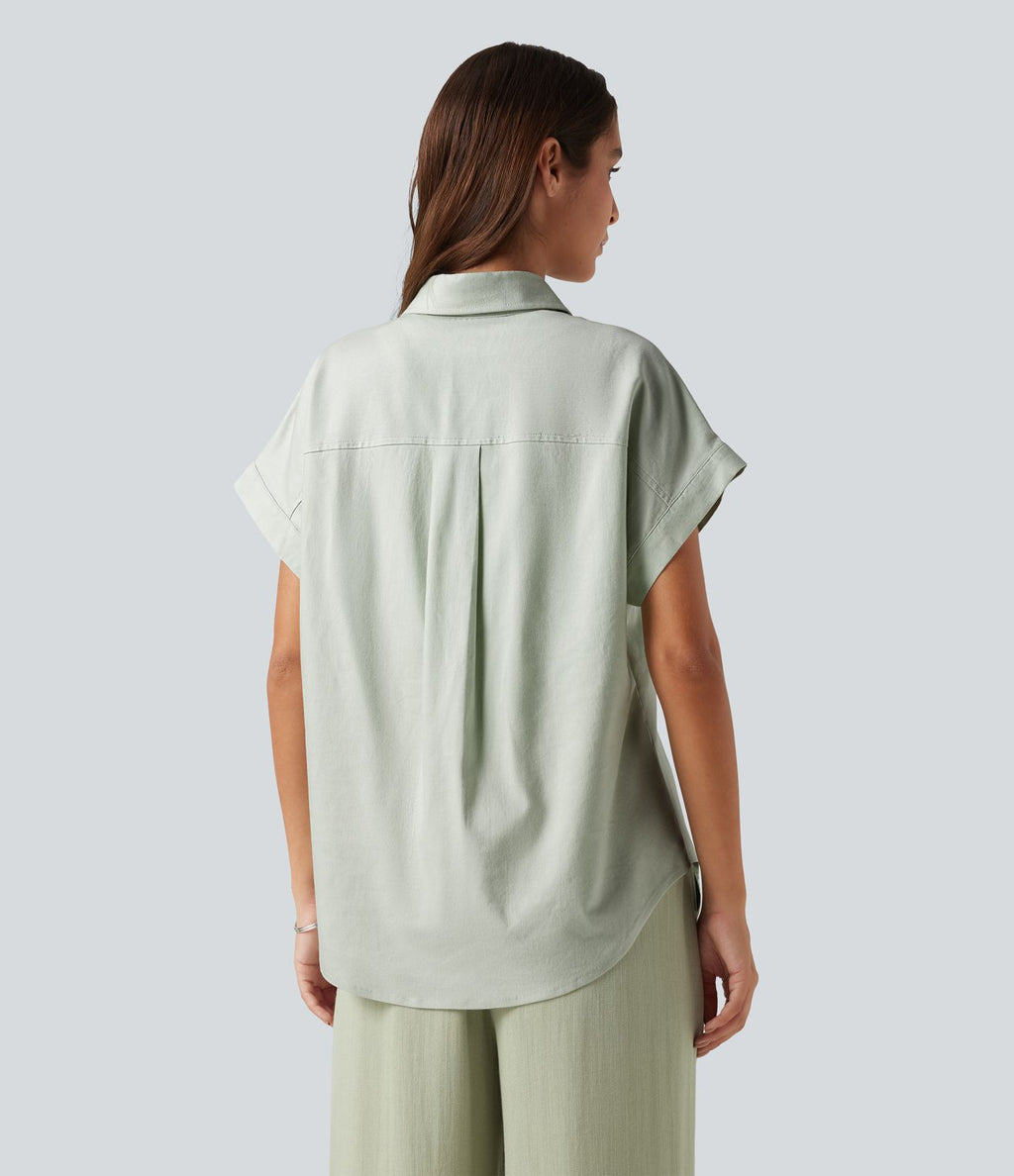 Chemise décontractée manches courtes en coton et lin avec poche