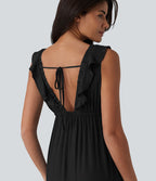Robe fluide midi vacances col V sans manches dos nu à nouer volants avec poches