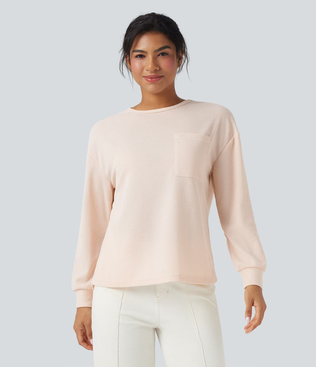 T-shirt gaufré col rond manches longues avec poche