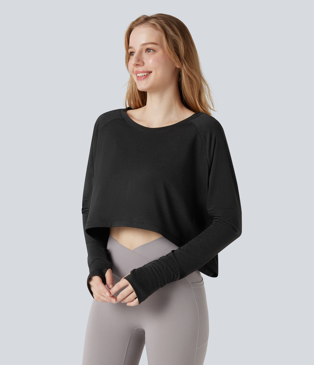 Top de sport running asymétrique col rond coupe décontractée manches longues avec trous pouces