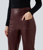 Pantalon similicuir évasé gainant taille haute stretch avec poches