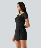 Combishort de soirée SoftlyZero™ Plush à encolure bateau avec coussinets amovibles, mesh contrasté et poches, accès facile Easy Peasy