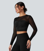 Top de sport yoga col rond manches longues froncé avec mesh contrastant