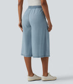 Jean large casual capri taille haute en lyocell avec poches