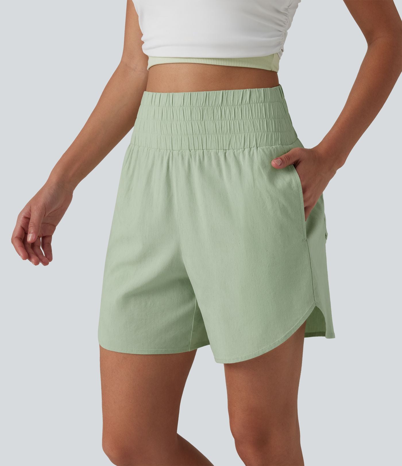 Short décontracté en lin extensible taille haute ourlet arrondi 12,5 cm avec poches