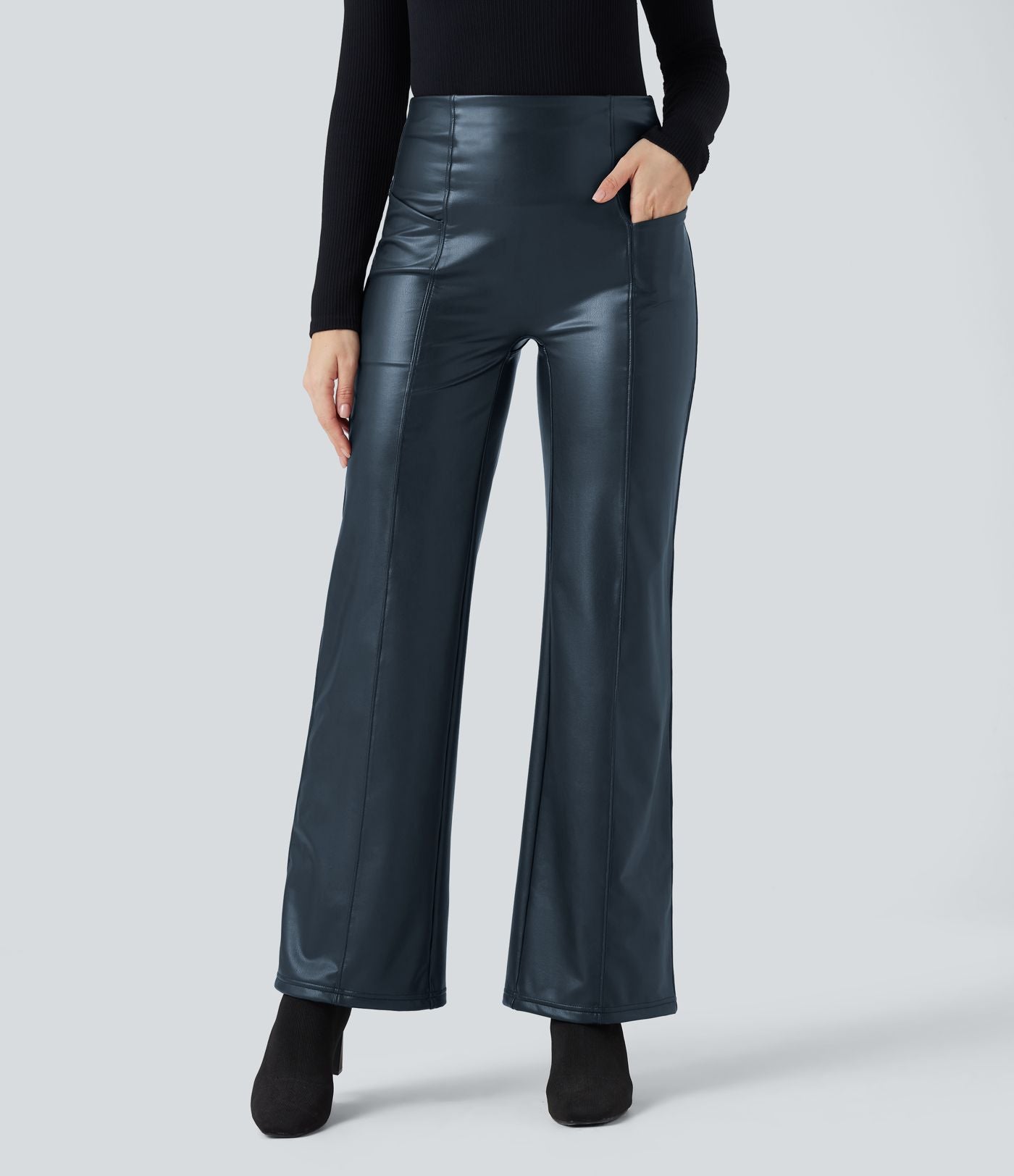 Pantalon similicuir évasé gainant taille haute stretch avec poches