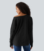 T-shirt casual en coton col bateau manches longues avec trous pour pouces et liens latéraux