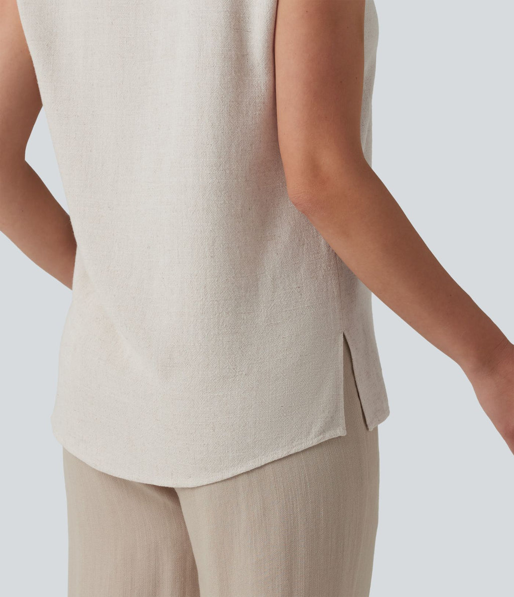 Chemisier tailleur en mélange de lin col V sans manches avec ourlet fendu