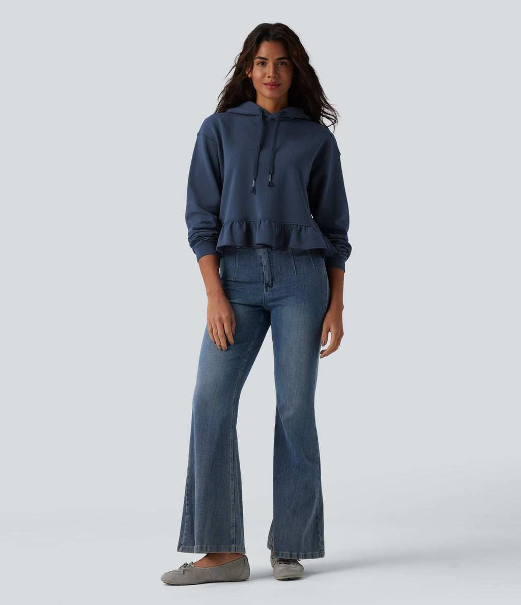 Sweat-shirt décontracté en coton à capuche avec cordon de serrage manches longues ourlet à volants