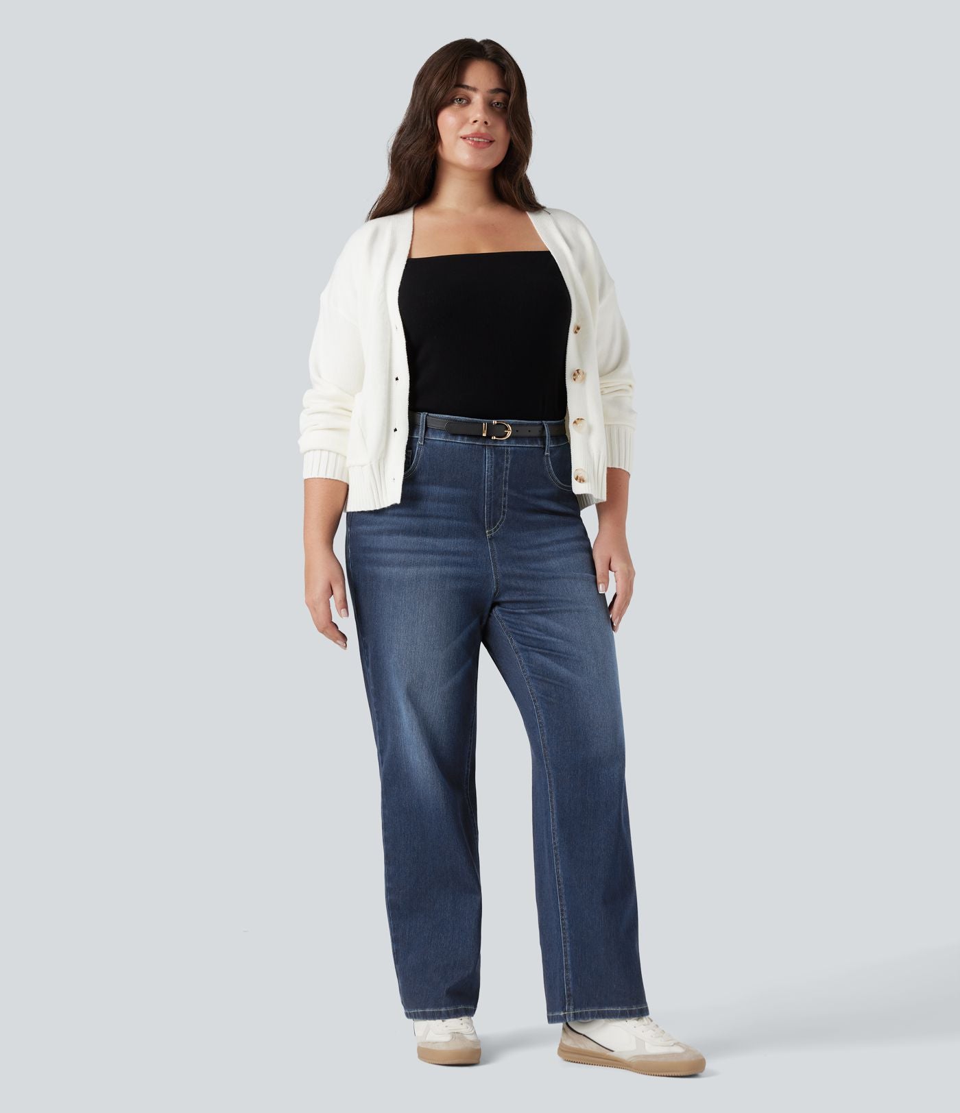 Jean droit décontracté délavé gainant taille haute grande taille avec poches Halara Flex™