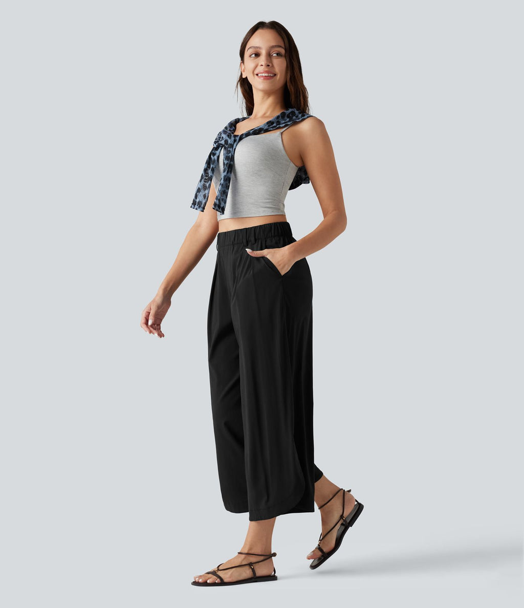 Pantalon large fluide casual raccourci taille haute avec ourlet arrondi, tissu extensible aspect lin et poches
