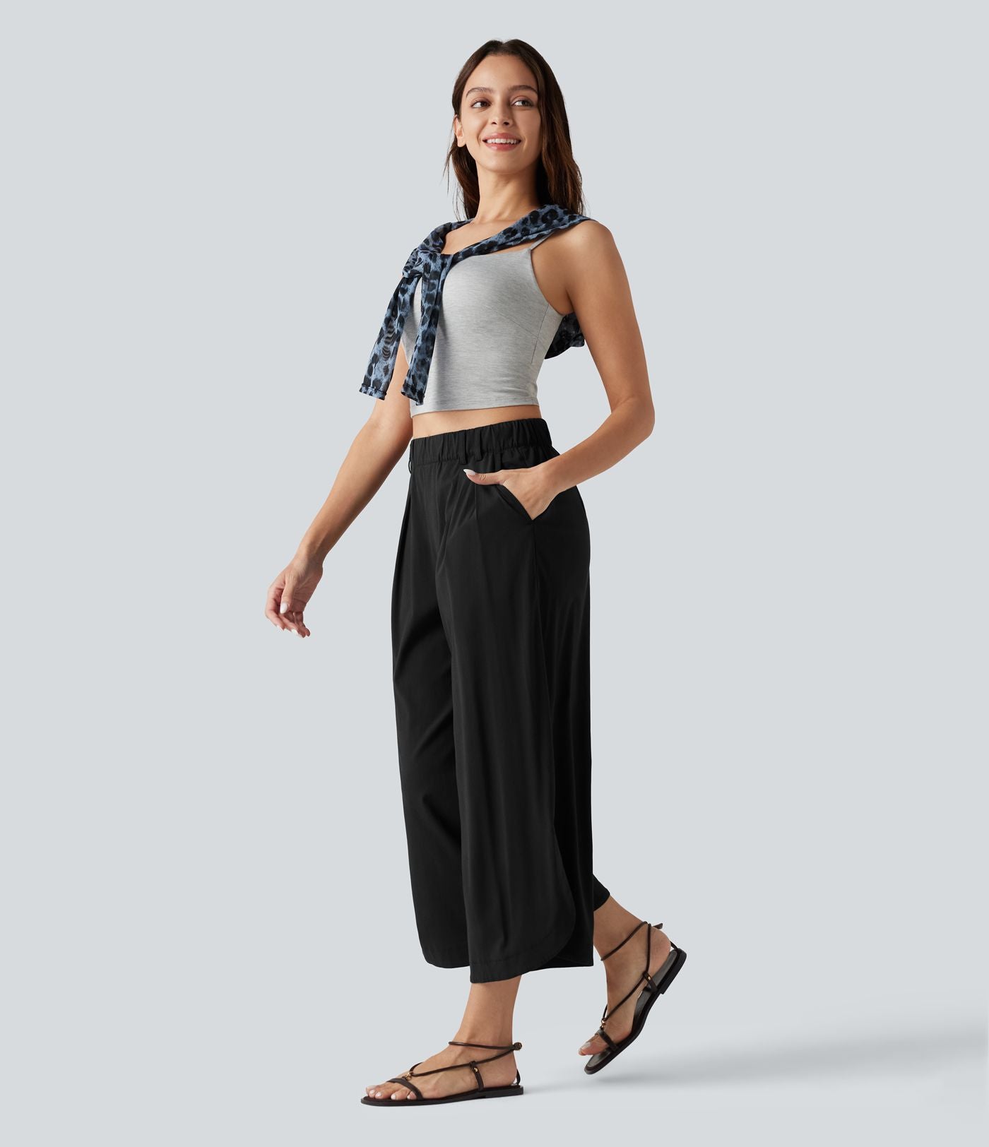 Pantalon large fluide casual raccourci taille haute avec ourlet arrondi, tissu extensible aspect lin et poches
