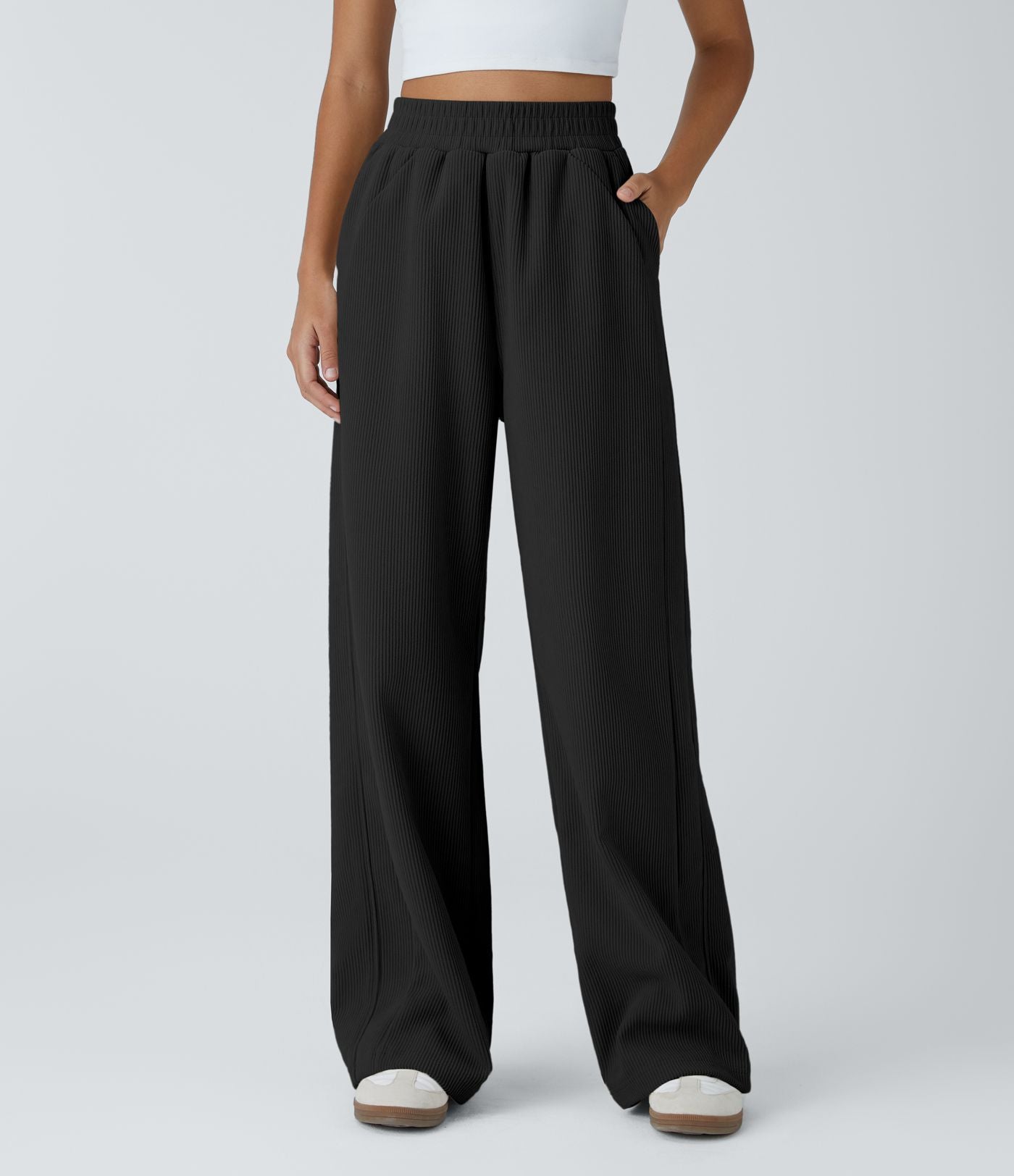 Pantalon velours côtelé de jogging décontracté à taille haute avec poches latérales