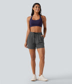Short de yoga plissé taille haute élastique 12,5 cm avec cordon de serrage et poches