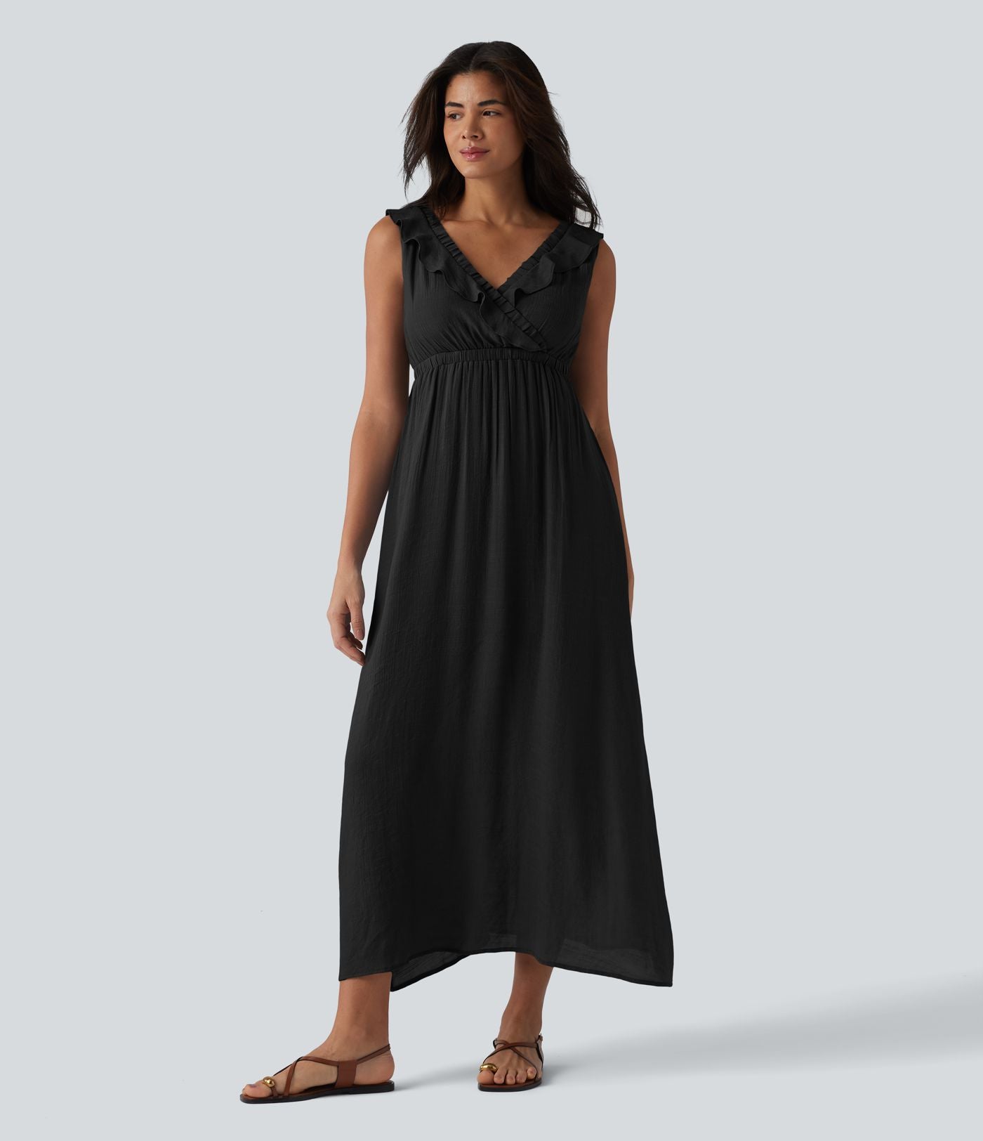 Robe fluide midi vacances col V sans manches dos nu à nouer volants avec poches