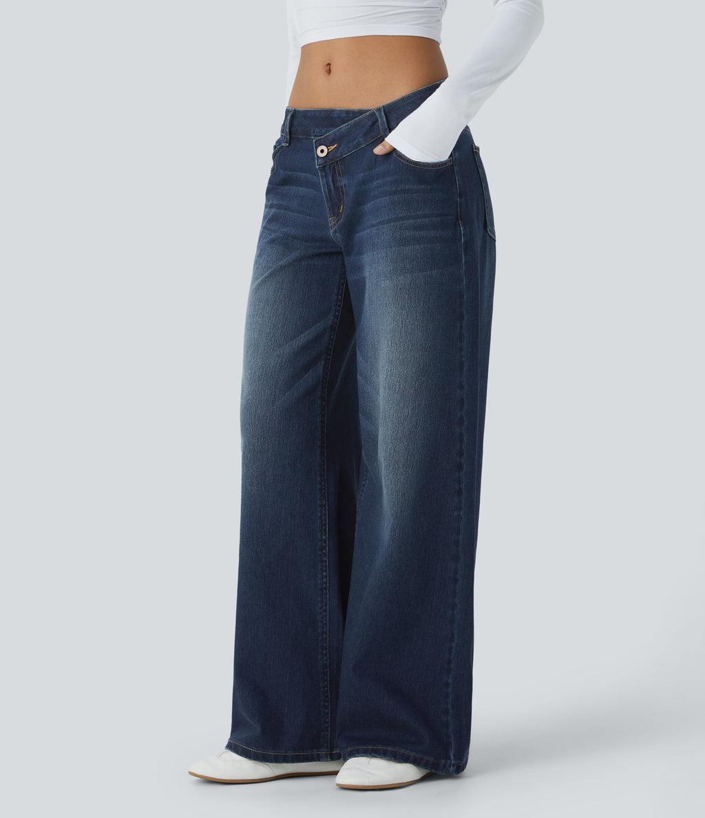 Halara Flex™ Jean large asymétrique taille basse avec bouton, fermeture éclair et poches multiples, délavé et extensible en maille