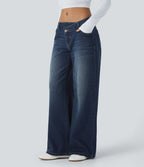 Halara Flex™ Jean large asymétrique taille basse avec bouton, fermeture éclair et poches multiples, délavé et extensible en maille