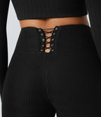 Legging côtelé croisé dans le dos taille haute avec poches