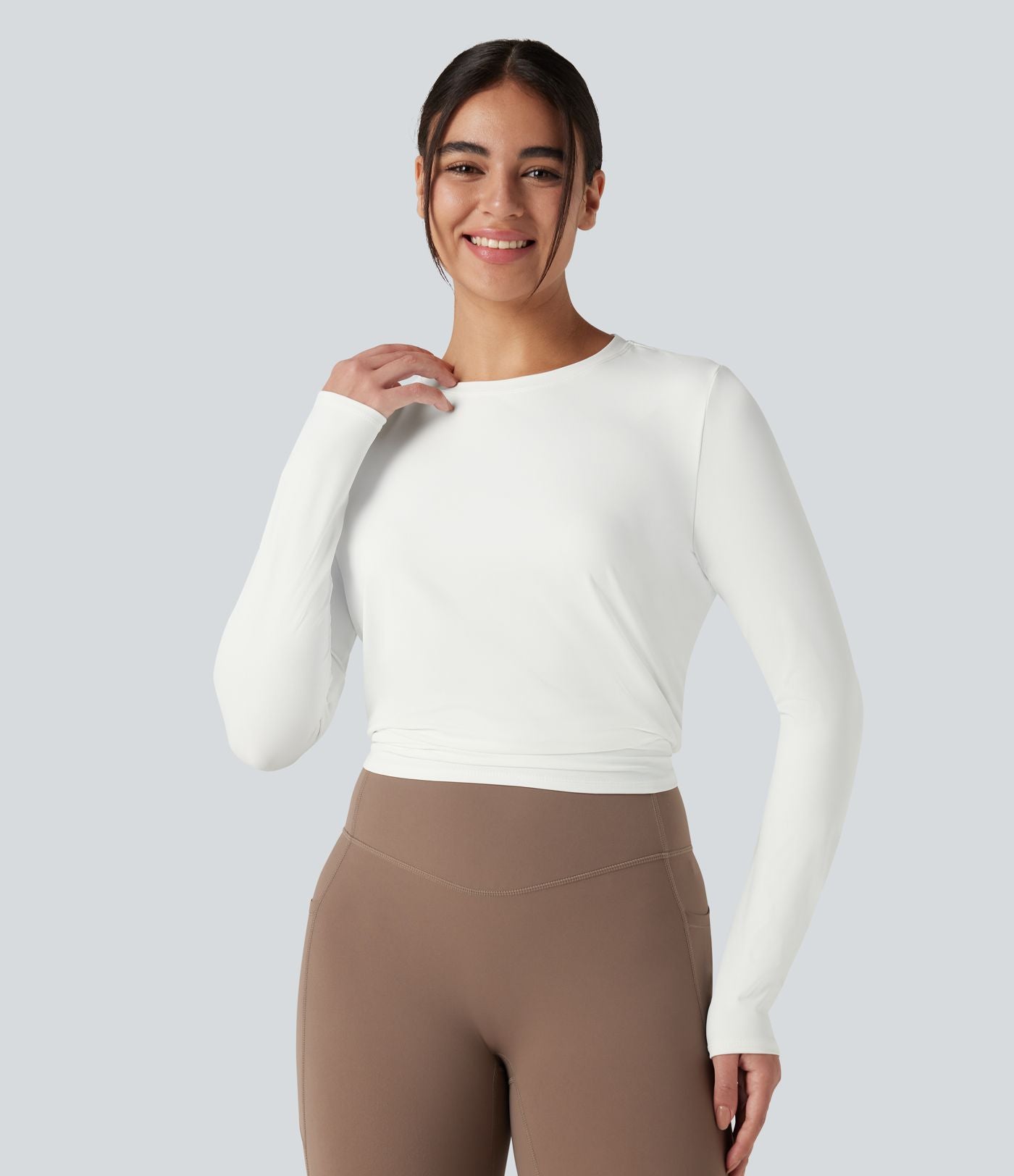 Top de sport running col rond mesh contrastant liens dans le dos manches longues