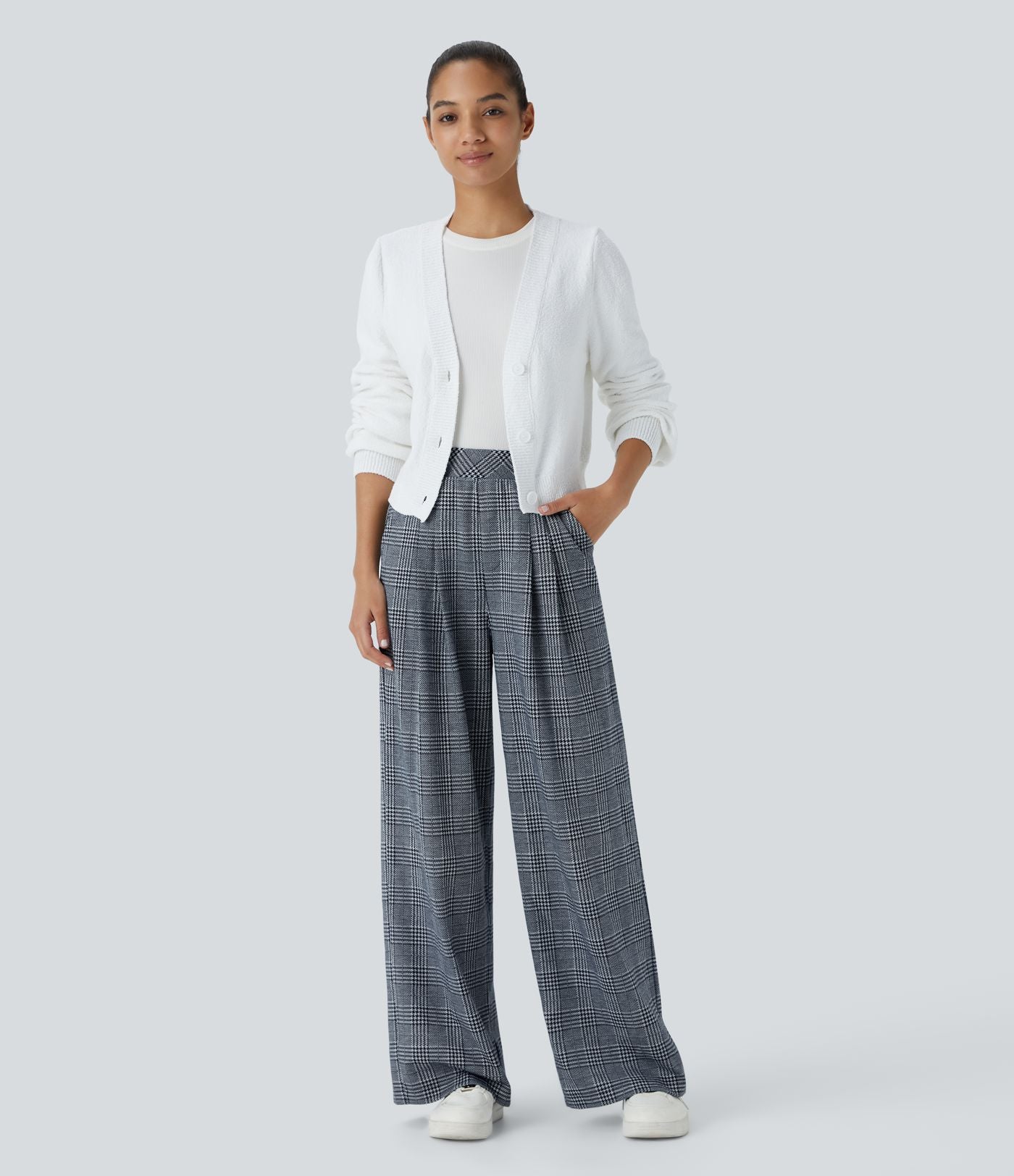 Pantalon taille haute décontracté large à carreaux, avec poches