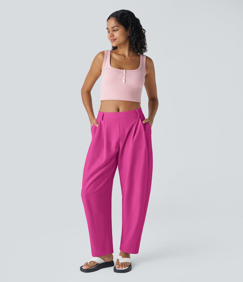 Pantalon tailleur ample, taille moyenne, coupe barrel, à poches