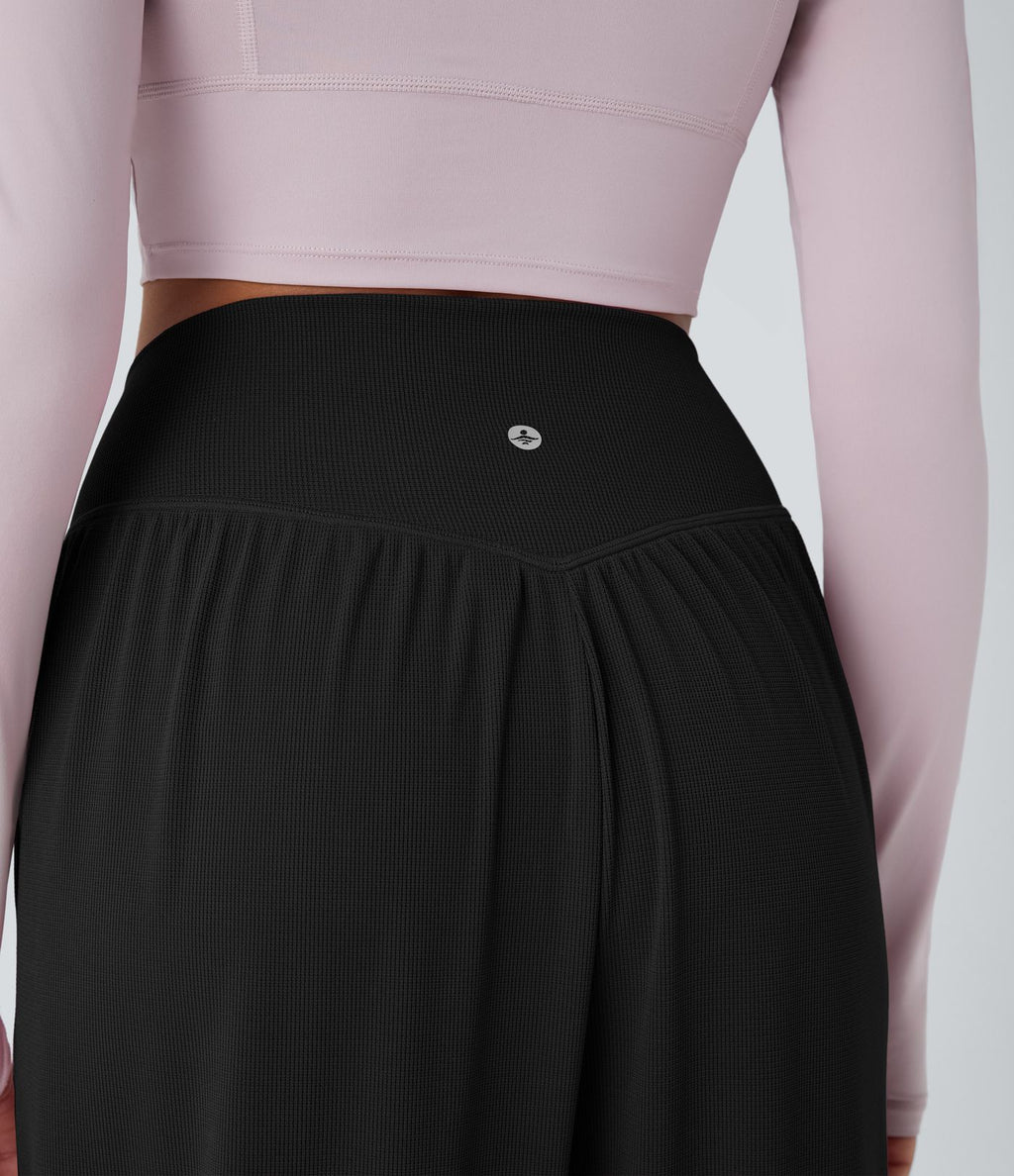 Jogging de Yoga à Taille Haute, Croisé Devant, Plis, Poches Latérales, en Tissu Gaufré