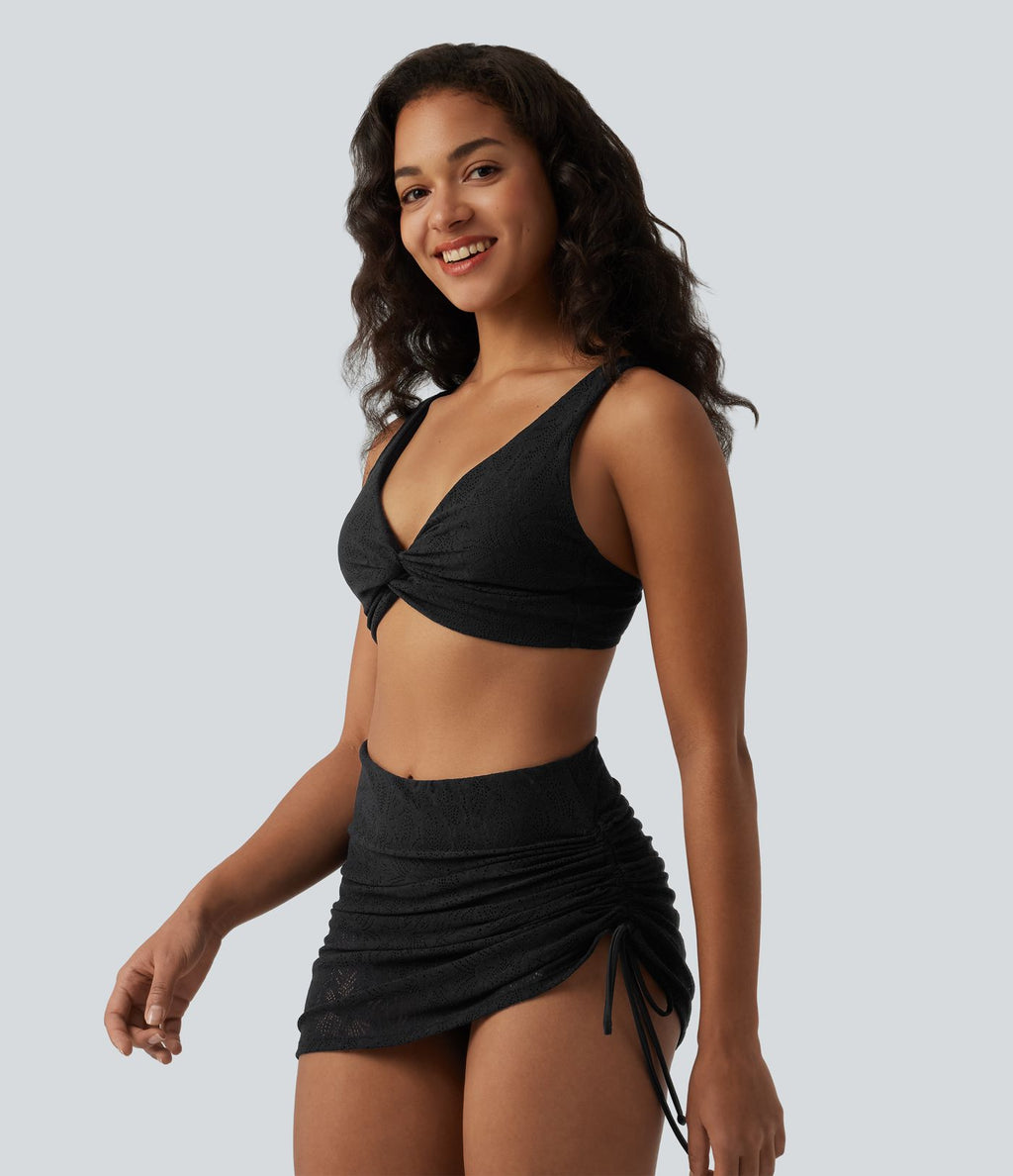 Ensemble Bikini 2-en-1 col V profond ventre plat avec détail torsadé, bretelles réglables, cordon de serrage et superposition en dentelle