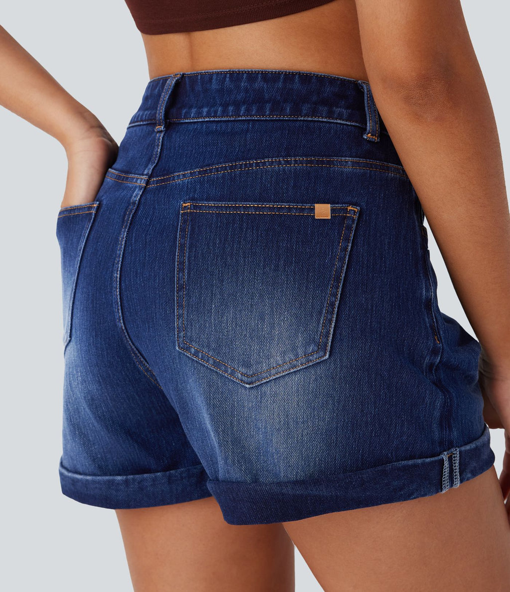 Short 7,5 cm décontracté en jean extensible Halara Flex™ taille moyenne avec boutons, zip et multiples poches
