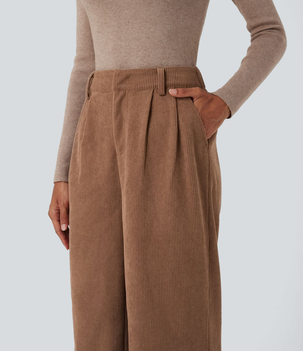 Pantalon ample décontracté velours côtelé taille haute avec poches