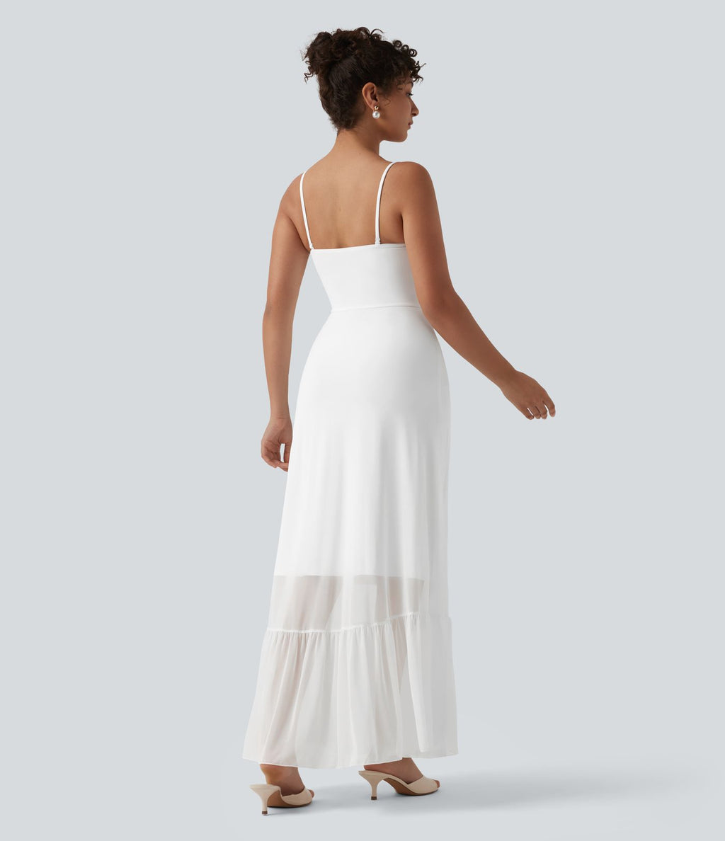 Robe longue fluide mesh contrastant avec volants à l'ourlet et coussinets fixes