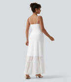 Robe longue fluide mesh contrastant avec volants à l'ourlet et coussinets fixes