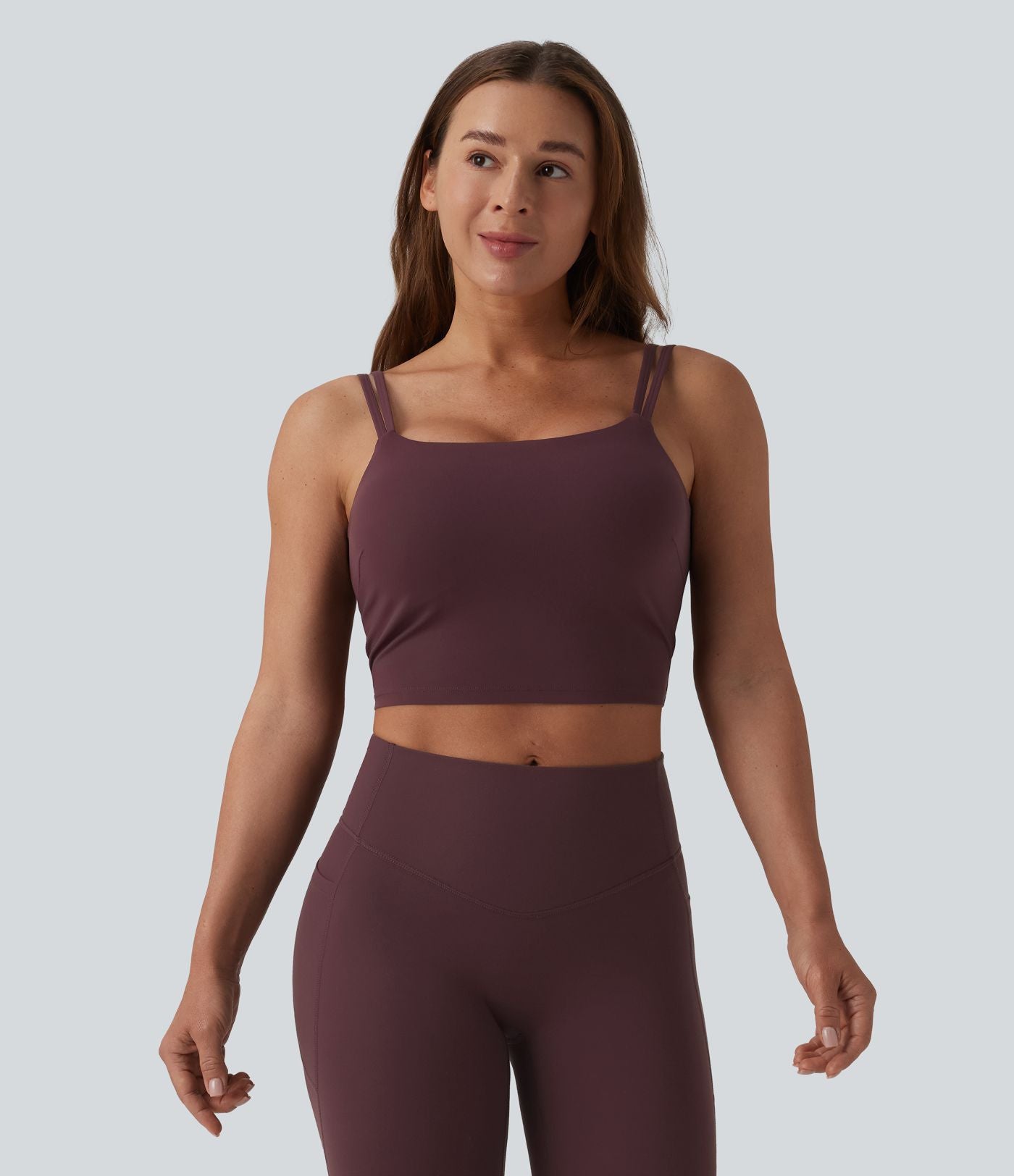 Débardeur de yoga cropped Halara UltraSculpt™ à doubles bretelles dos torsadé ouvert avec soutien-gorge intégré – Bonnets E-G