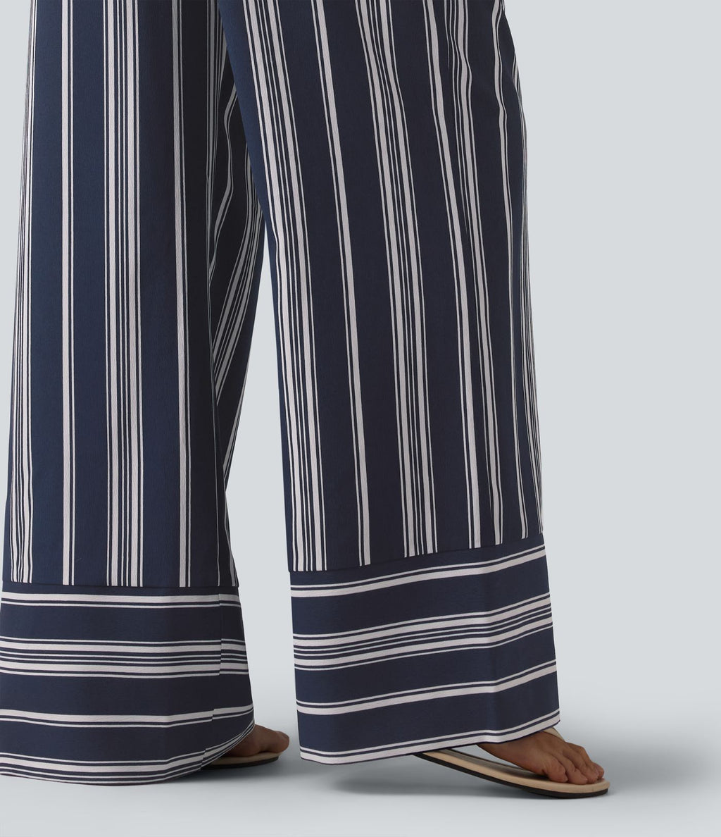 Pantalon large taille haute à rayures avec ceinture et poches