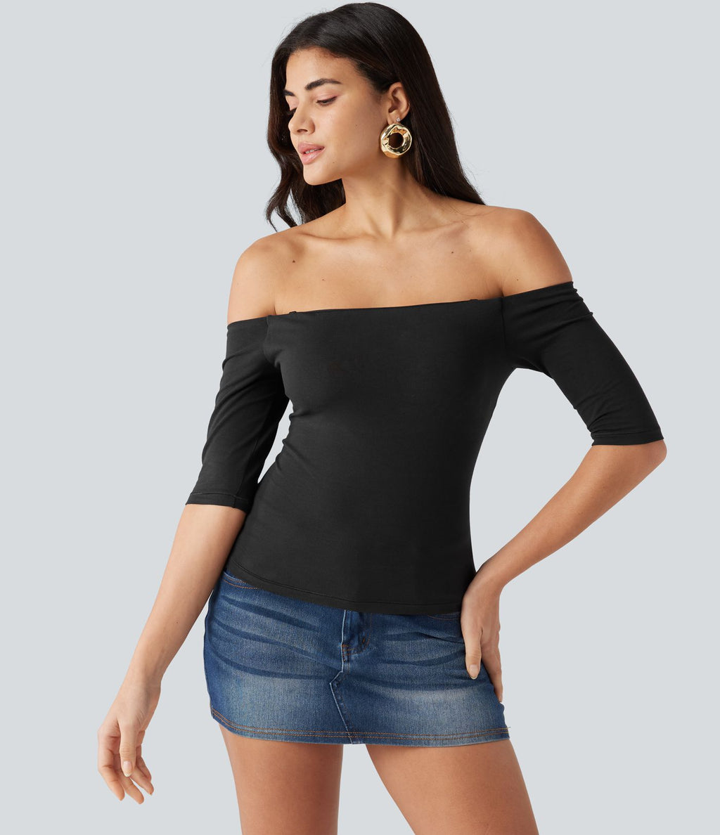 T-shirt décontracté Halara Cotton Jersey épaules dénudées à manches mi-longues, bretelles amovibles et coussinets amovibles, bonnets B à E