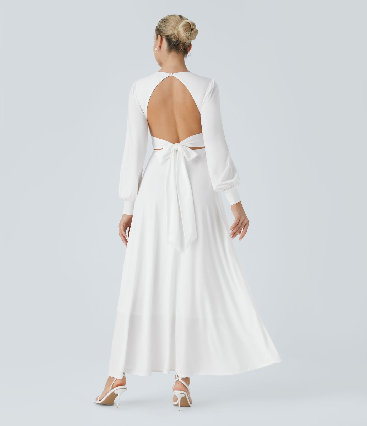 Robe longue de demoiselle d'honneur et invitée de mariage, col V, dos nu, liens à nouer, boutons et manches évasées