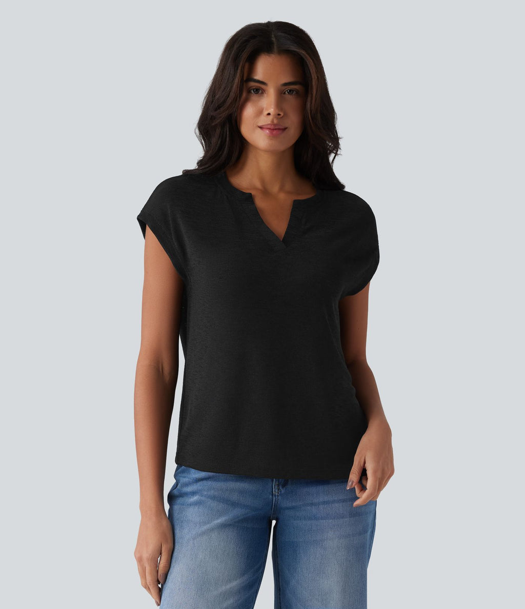 T-shirt décontracté semi-transparent col cranté manches courtes