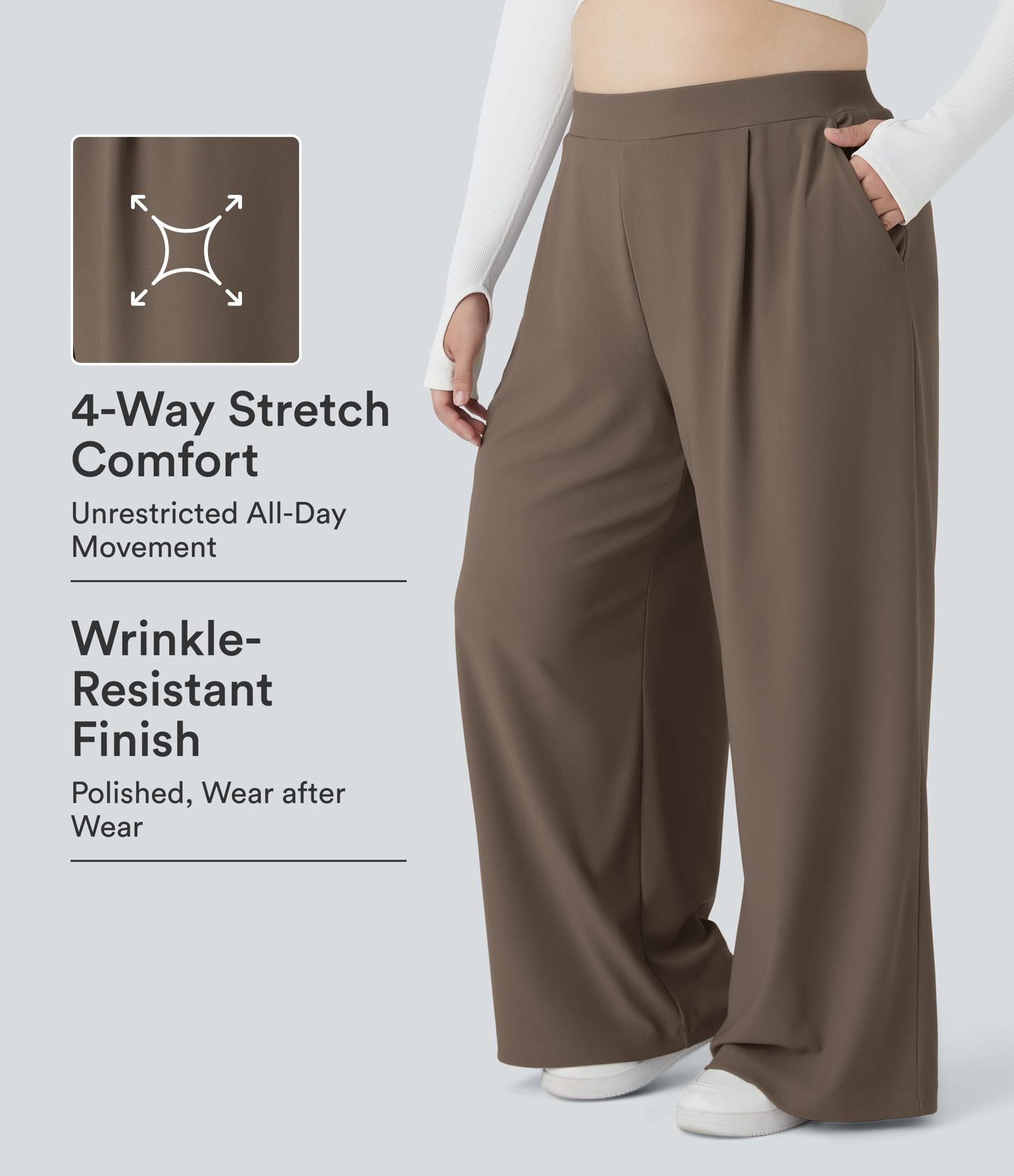 Pantalon de travail grande taille Halara Flex™ à taille haute sculptante et amincissante, poches latérales, jambes larges et tissu micro-gaufré